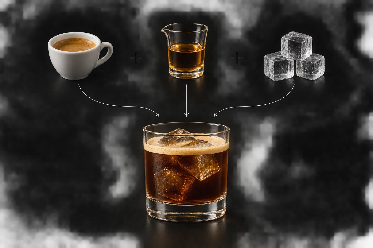 Diagrama de composición del Carajillo 43: espresso, licor y hielo se combinan en un vaso bajo.