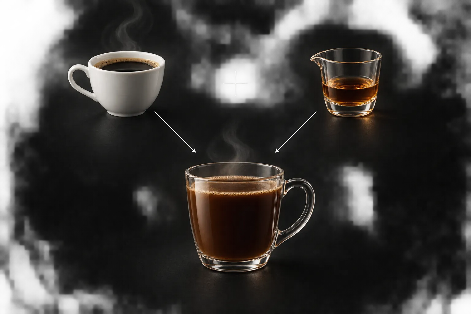 Diagrama de composición: café caliente y brandy se combinan en un carajillo caliente.