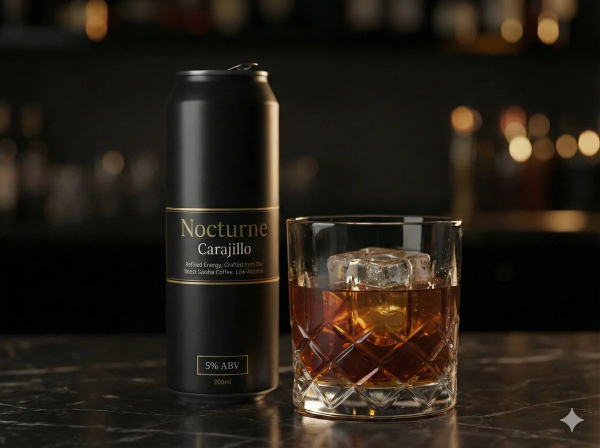 Nocturne Carajillo can with served cocktail on marble bar