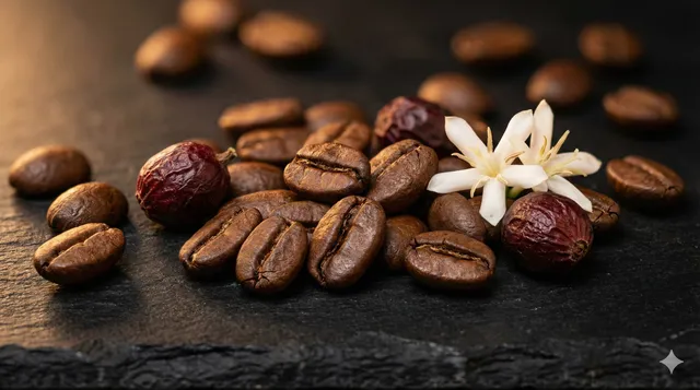 Primer plano de granos de café Geisha panameño utilizados en la mezcla NOCTURNE