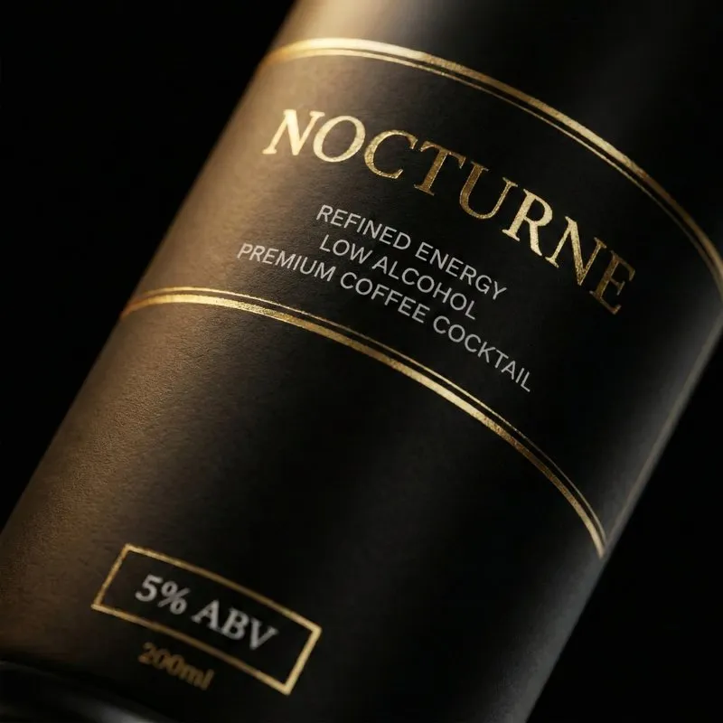 Detalle de la etiqueta de NOCTURNE Carajillo mostrando posicionamiento RTD premium