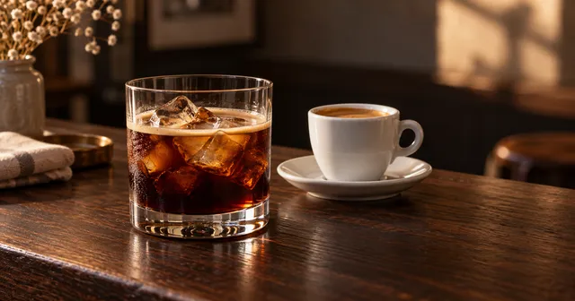 Ilustración generada con IA de un carajillo servido con hielo junto a café